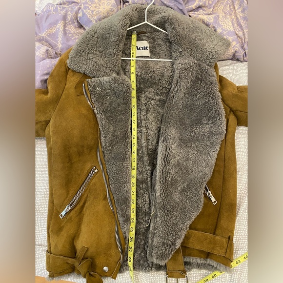 Acne Velicite Shearling Brown Gray Moto Jacket Coat 38 oversized Sheepskin suede - Picture 4 of 6